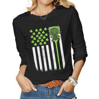 St Patricks Day Lacrosse Lax Usa Flag Women Irish Shamrock Women Graphic Long Sleeve T-shirt - Seseable