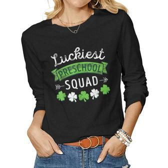 St Patricks Day Teacher Luckiest Preschool Squad V2 Women Graphic Long Sleeve T-shirt - Seseable