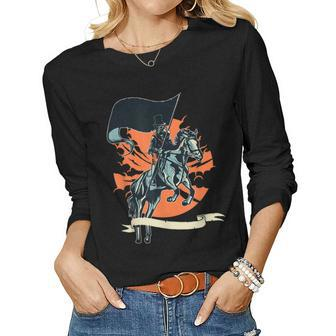 Steampunk Plague Doctor In Mask Riding Horse W Flag Women Long Sleeve T-shirt | Mazezy