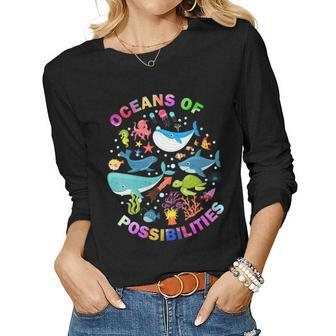 Womens Summer Oceans Of Possibilities Sea Animal Reading Librarian Women Long Sleeve T-shirt | Mazezy