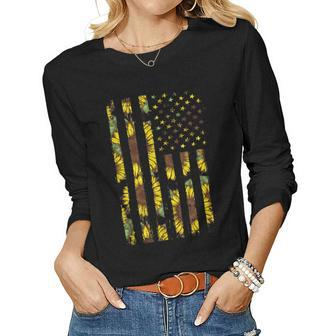 Sunflower Flag Patriotic Yellow American Flag Women Long Sleeve T-shirt | Mazezy