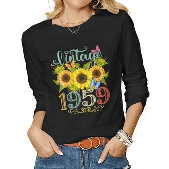 Womens Sunflower Floral Butterfly Vintage 1959 64Th Birthday Women Long Sleeve T-shirt | Mazezy