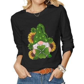 Sunflower Gnome Shamrocks Irish Love St Patricks Day Lucky Women Graphic Long Sleeve T-shirt - Seseable
