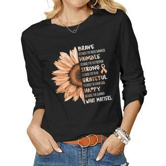 Sunflower Peach Ribbon Uterine Cancer Awareness Women Graphic Long Sleeve T-shirt - Seseable