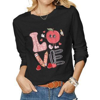 Teacher Love Retro Groovy Teachers Valentines Day Women Graphic Long Sleeve T-shirt - Seseable