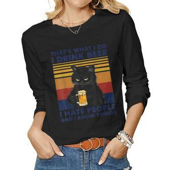 Thats What I Do I Drink Beer I Hate People Black Cat Funny Women Graphic Long Sleeve T-shirt - Seseable