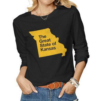The Great State Of Kansas Missouri Map Women Graphic Long Sleeve T-shirt - Seseable