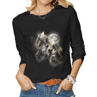 Three Wolves Howling At The Moon Vintage Wolf Lover Women Long Sleeve T-shirt | Mazezy