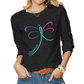 Thyroid Cancer Awareness Warrior Dragonfly Ribbon Women Graphic Long Sleeve T-shirt - Seseable