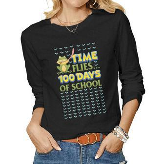 Time Flies Frog 100 Days Of School Teacher Child Women Long Sleeve T-shirt | Mazezy