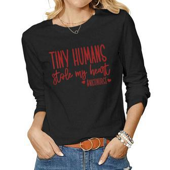 Tiny Humans Stole My Heart Valentines Day Nicu Nurse Women Graphic Long Sleeve T-shirt - Seseable