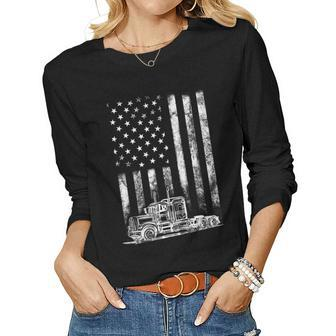 Truck Driver American Flag Trucker Vintage Men Women Gift Women Graphic Long Sleeve T-shirt - Seseable