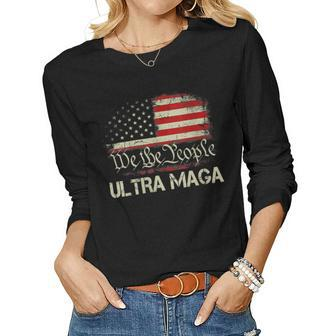 Womens Ultra Maga Anti Biden Us Flag Pro Trump Trendy Women Long Sleeve T-shirt | Mazezy
