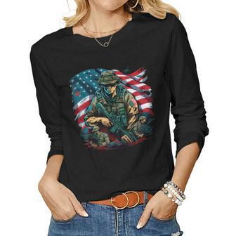 Us Military Outfit Boy Girl Men Women Soldier Us Flag Women Graphic Long Sleeve T-shirt - Seseable