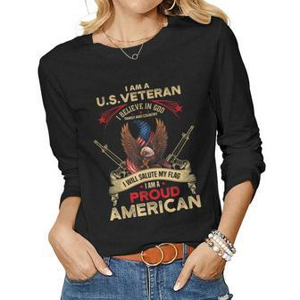 Us Veteran Believe In God Country Flag Proud American Women Long Sleeve T-shirt | Mazezy