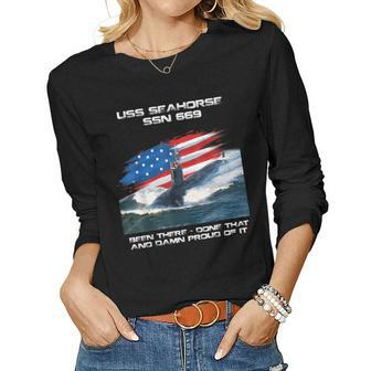 Uss Seahorse Ssn-669 American Flag Submarine Veteran Xmas Women Graphic Long Sleeve T-shirt - Seseable