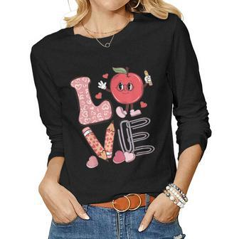 Valentine Teacher Love Retro Groovy Valentines Day Teachers Women Graphic Long Sleeve T-shirt - Seseable