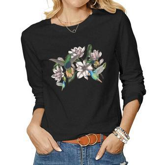 Vibrant Hummingbird Flowers Magnolia Garden Birds Lover Women Long Sleeve T-shirt | Mazezy