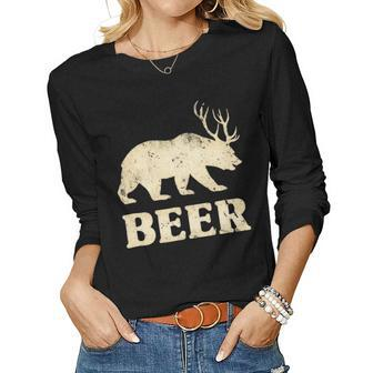 Vintage Bear Deer Funny Beer Women Graphic Long Sleeve T-shirt - Seseable