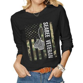 Vintage Camo Seabee Veteran American Flag Veteran Women Long Sleeve T-shirt | Mazezy