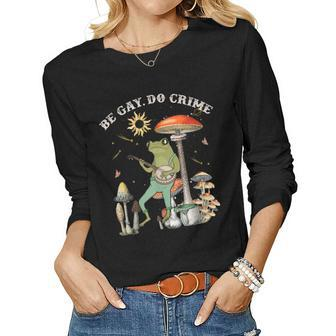 Vintage Cottagecore Frog Mushroom Aesthetic Be Gay Do Crime Women Graphic Long Sleeve T-shirt - Seseable
