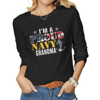 Vintage Im A Proud Navy With American Flag For Grandma Women Graphic Long Sleeve T-shirt - Seseable