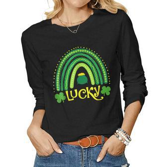 Vintage Lucky Green Irish Shamrock Rainbow St Patricks Day Women Graphic Long Sleeve T-shirt - Thegiftio