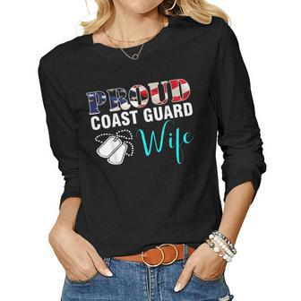 Vintage Proud Coast Guard Wife With American Flag Gift Women Graphic Long Sleeve T-shirt - Seseable