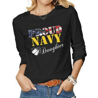 Vintage Proud Navy Daughter With American Flag Gift Veteran Women Graphic Long Sleeve T-shirt - Seseable