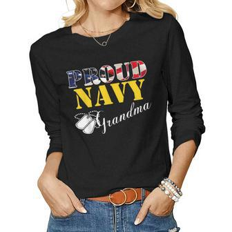 Vintage Proud Navy Grandma With American Flag Gift Veteran Women Graphic Long Sleeve T-shirt - Seseable