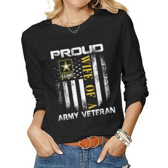 Vintage Proud Wife Of A Army Veteran With American Flag Women Long Sleeve T-shirt | Mazezy