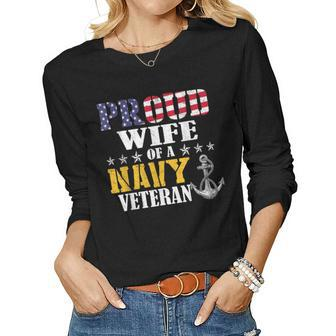 Vintage Proud Wife Of A Navy For Veteran Gifts Women Graphic Long Sleeve T-shirt - Seseable