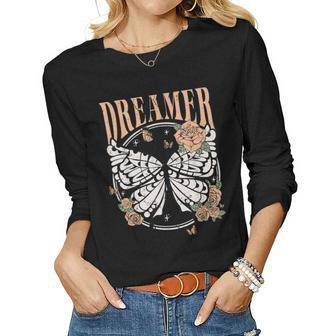 Vintage Retro Dreamer Butterfly 80S 90S Style Lover Gift Women Graphic Long Sleeve T-shirt - Seseable