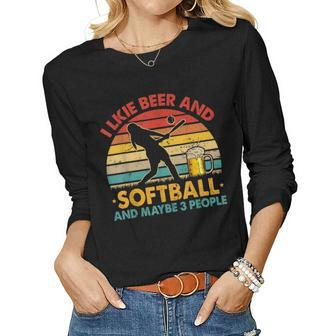 Vintage Retro I Like Beer And Softball And Maybe 3 People Women Graphic Long Sleeve T-shirt - Seseable