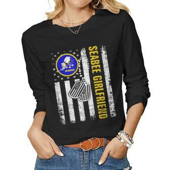 Vintage Seabee Girlfriend American Flag Veteran Day Women Long Sleeve T-shirt | Mazezy