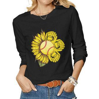 Vintage Softball Sunflower Mom Women Girl Mother Softball Women Graphic Long Sleeve T-shirt - Seseable