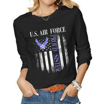 Vintage US Air Force Proud Sister With American Flag Women Graphic Long Sleeve T-shirt - Seseable