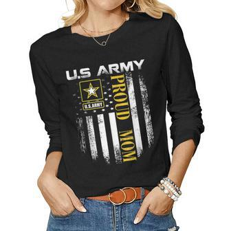Vintage US Army Proud Mom With American Flag Gift Women Graphic Long Sleeve T-shirt - Seseable