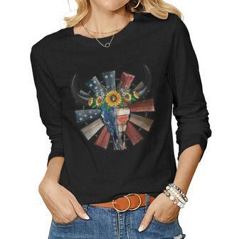 Western Boho Texas American Flag Sunflower Cow Bull Skull Women Long Sleeve T-shirt | Mazezy