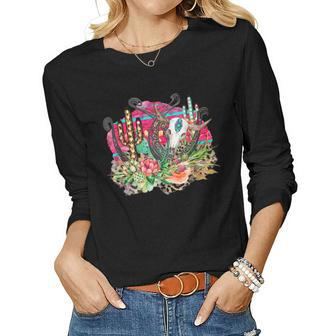 Western Flowers Cactus Leopard Serape Cow Bull Skull Cowgirl Women Long Sleeve T-shirt | Mazezy