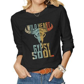 Wild Heart Gypsy Boho Soul Vintage Boho Cow Bull Skull Women Long Sleeve T-shirt | Mazezy