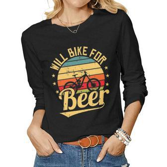 Will Bike For Beer Funny Bike Lovers Biking Vintage Women Graphic Long Sleeve T-shirt - Seseable
