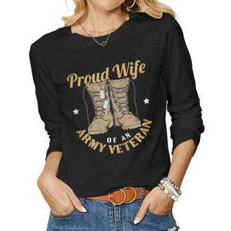 Womens 4Th Of July Celebration Proud Wife Of An Army Veteran Spouse Women Graphic Long Sleeve T-shirt - Seseable