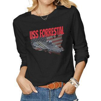 Womens Aircraft Carrier Uss Forrestal Cv-59 For Grandpa Dad Son Women Graphic Long Sleeve T-shirt - Seseable