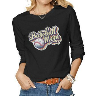Womens Baseball Mom Retro Vintage Distressed Mothers Day Present Women Graphic Long Sleeve T-shirt - Seseable