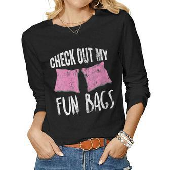 Womens Cornhole Check Out My Fun Bags Womens Team Gift Women Graphic Long Sleeve T-shirt - Seseable