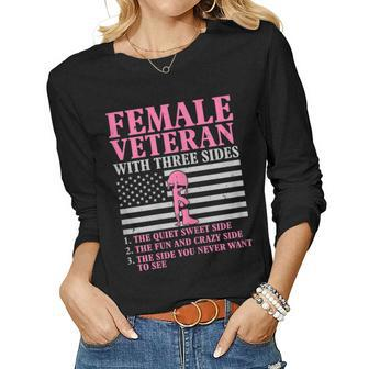 Womens Female Veteran With Three Sides Women Veteran Mother Grandma Women Graphic Long Sleeve T-shirt - Seseable