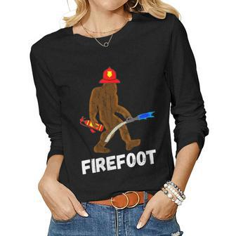 Womens Fire Fighter Bigfoot Fireman Funny Sasquatch Firefighter Women Graphic Long Sleeve T-shirt - Seseable