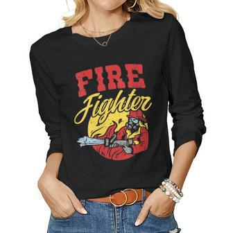 Womens Fire Fighter With Water Hose Fighting The Fire Gift Women Graphic Long Sleeve T-shirt - Seseable