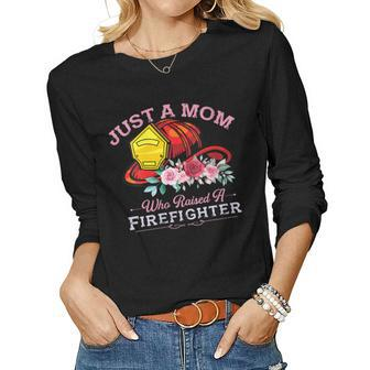 Womens Firefighter Mom Fireman Mother Fire Fighter Firemen Son Women Graphic Long Sleeve T-shirt - Seseable